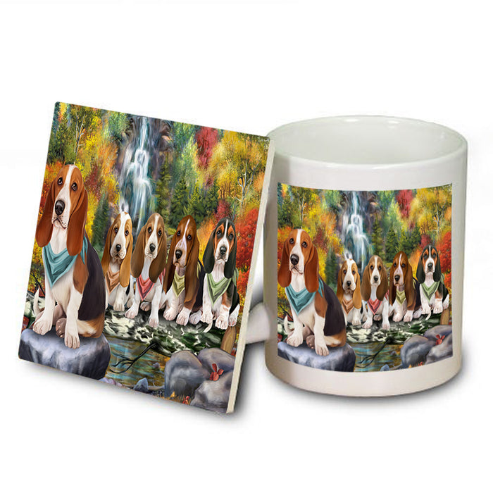 Scenic Waterfall Basset Hounds Dog Mug and Coaster Set MUC51804