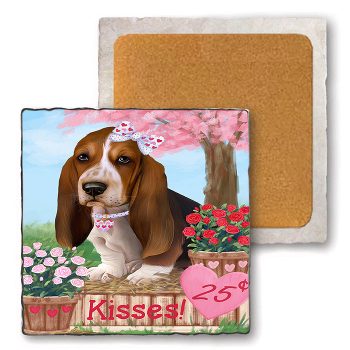 Rosie 25 Cent Kisses Basset Hound Dog Set of 4 Natural Stone Marble Tile Coasters MCST50806