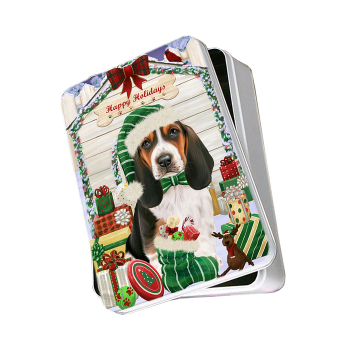 Happy Holidays Christmas Basset Hound Dog House with Presents Photo Storage Tin PITN51321