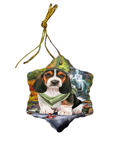 Scenic Waterfall Basset Hound Dog Star Porcelain Ornament SPOR51804
