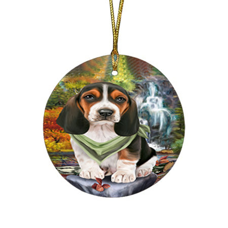 Scenic Waterfall Basset Hound Dog Round Flat Christmas Ornament RFPOR51804