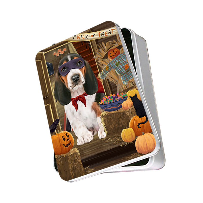 Enter at Own Risk Trick or Treat Halloween Basset Hound Dog Photo Storage Tin PITN52975