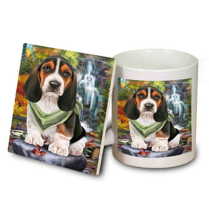 Scenic Waterfall Basset Hound Dog Mug and Coaster Set MUC51805