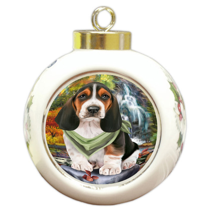 Scenic Waterfall Basset Hound Dog Round Ball Christmas Ornament RBPOR51813