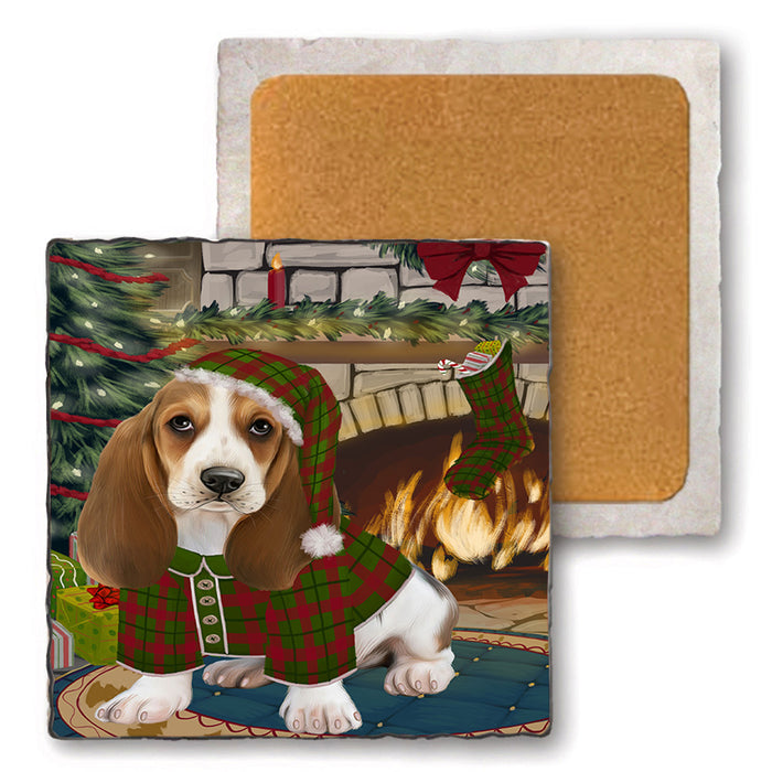 The Stocking was Hung Basset Hound Dog Set of 4 Natural Stone Marble Tile Coasters MCST50189