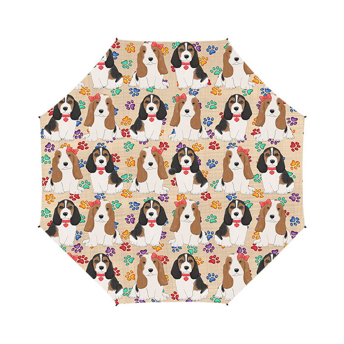 Rainbow Paw Print Basset Hound Dogs Red Semi-Automatic Foldable Umbrella