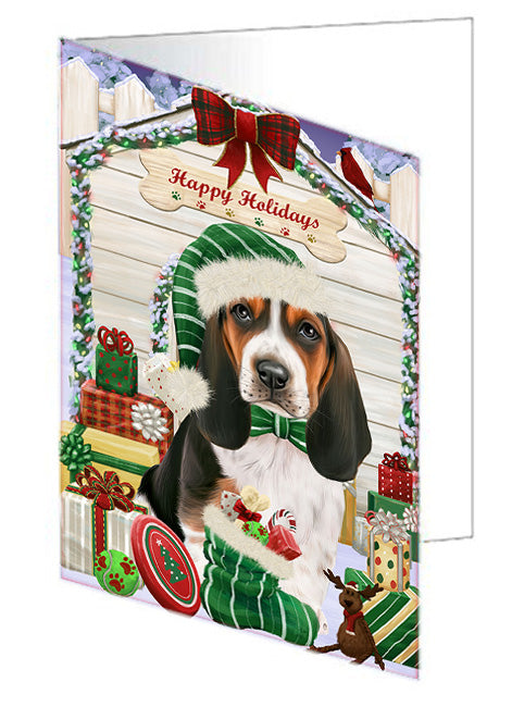 Happy Holidays Christmas Basset Hound Dog House with Presents Handmade Artwork Assorted Pets Greeting Cards and Note Cards with Envelopes for All Occasions and Holiday Seasons GCD57992