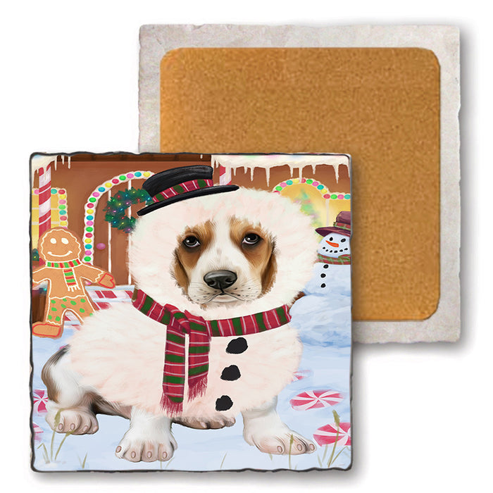Christmas Gingerbread House Candyfest Basset Hound Dog Set of 4 Natural Stone Marble Tile Coasters MCST51162