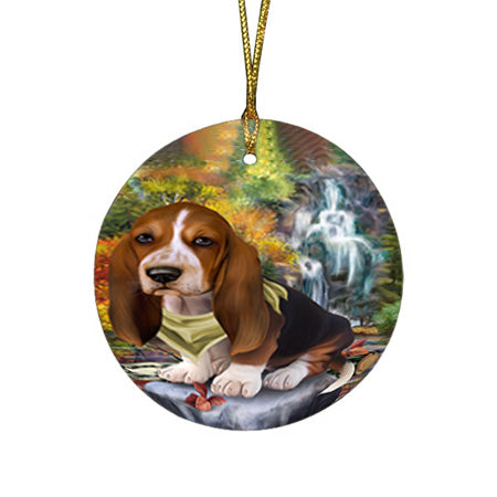 Scenic Waterfall Basset Hound Dog Round Flat Christmas Ornament RFPOR51805