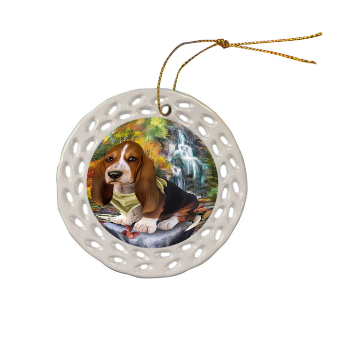 Scenic Waterfall Basset Hound Dog Ceramic Doily Ornament DPOR51814