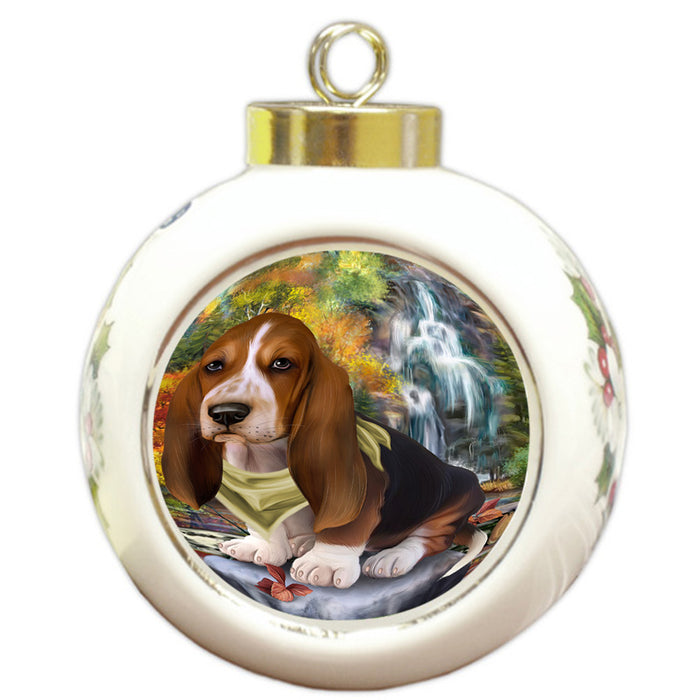 Scenic Waterfall Basset Hound Dog Round Ball Christmas Ornament RBPOR51814