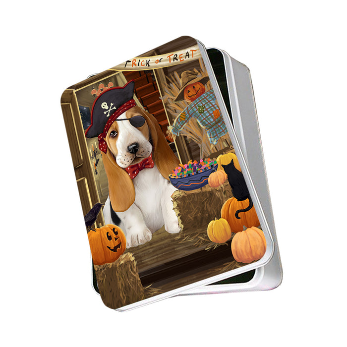 Enter at Own Risk Trick or Treat Halloween Basset Hound Dog Photo Storage Tin PITN52976