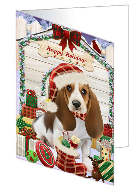 Happy Holidays Christmas Basset Hound Dog House with Presents Handmade Artwork Assorted Pets Greeting Cards and Note Cards with Envelopes for All Occasions and Holiday Seasons GCD57995