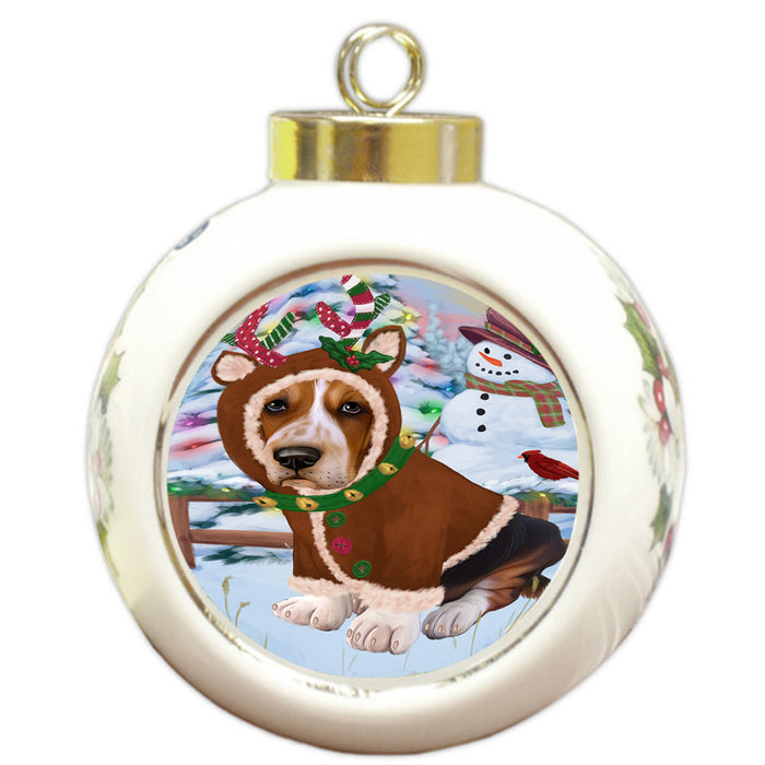 Christmas Gingerbread House Candyfest Basset Hound Dog Round Ball Christmas Ornament RBPOR56519