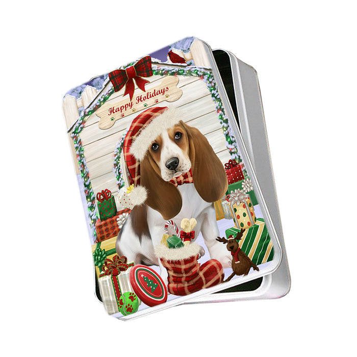 Happy Holidays Christmas Basset Hound Dog House with Presents Photo Storage Tin PITN51322