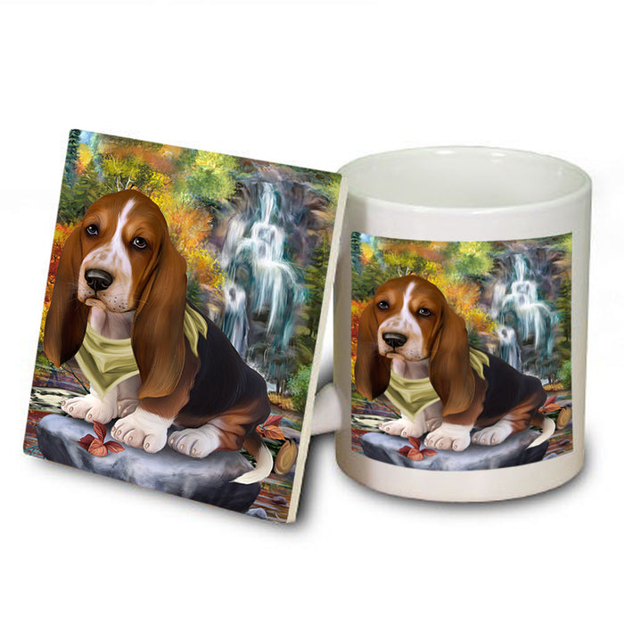 Scenic Waterfall Basset Hound Dog Mug and Coaster Set MUC51806