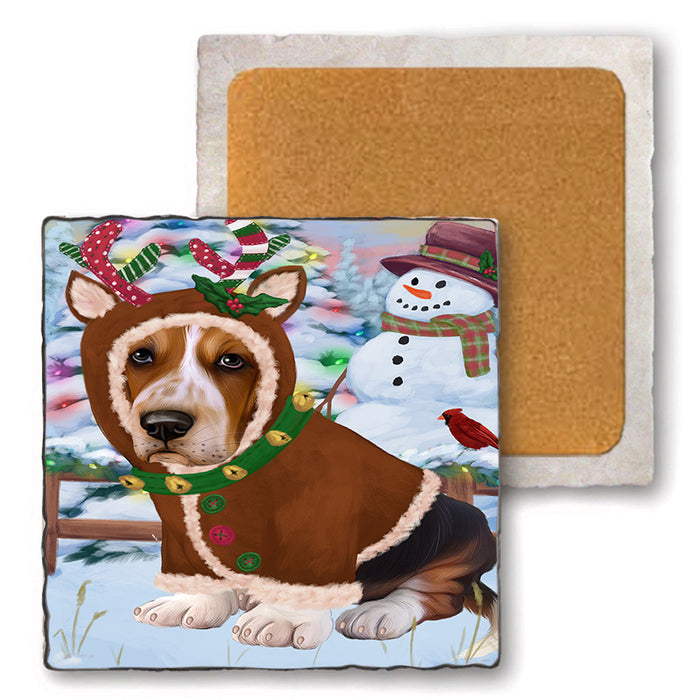 Christmas Gingerbread House Candyfest Basset Hound Dog Set of 4 Natural Stone Marble Tile Coasters MCST51163