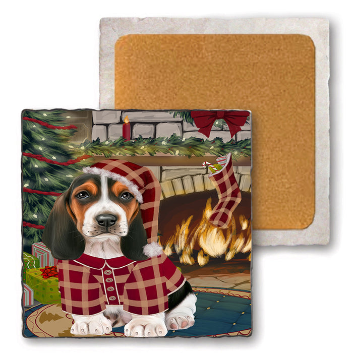 The Stocking was Hung Basset Hound Dog Set of 4 Natural Stone Marble Tile Coasters MCST50190