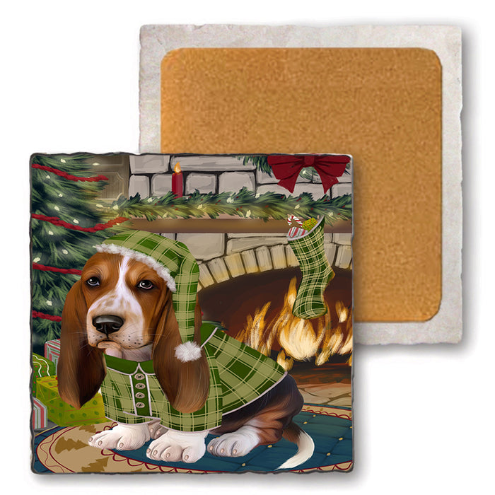 The Stocking was Hung Basset Hound Dog Set of 4 Natural Stone Marble Tile Coasters MCST50191