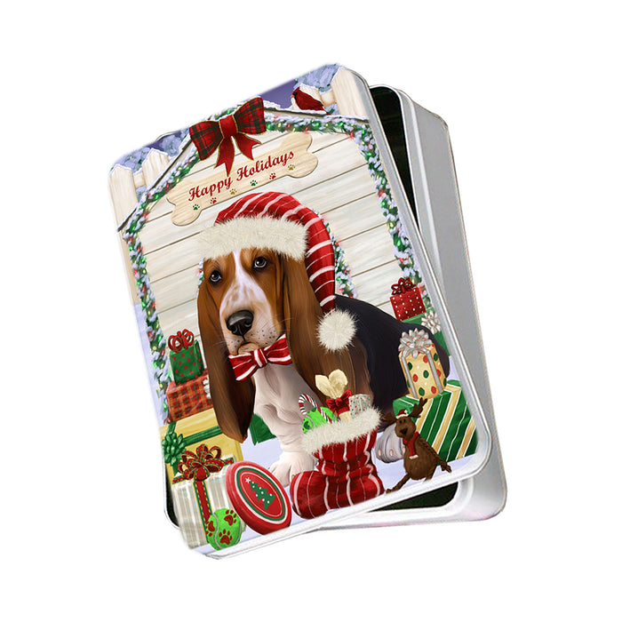Happy Holidays Christmas Basset Hound Dog House with Presents Photo Storage Tin PITN51323