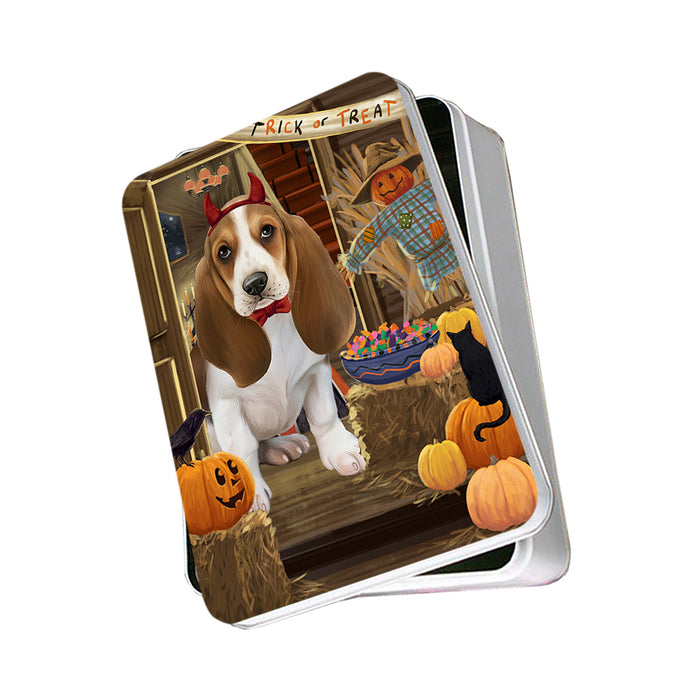 Enter at Own Risk Trick or Treat Halloween Basset Hound Dog Photo Storage Tin PITN52977