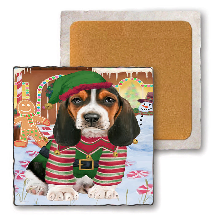 Christmas Gingerbread House Candyfest Basset Hound Dog Set of 4 Natural Stone Marble Tile Coasters MCST51164