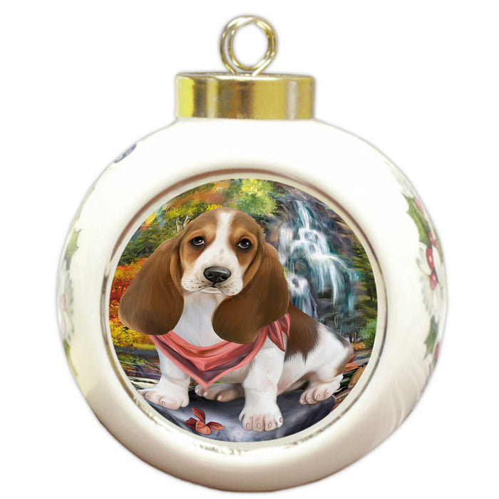 Scenic Waterfall Basset Hound Dog Round Ball Christmas Ornament RBPOR51815
