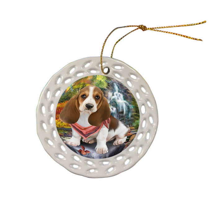 Scenic Waterfall Basset Hound Dog Ceramic Doily Ornament DPOR51815