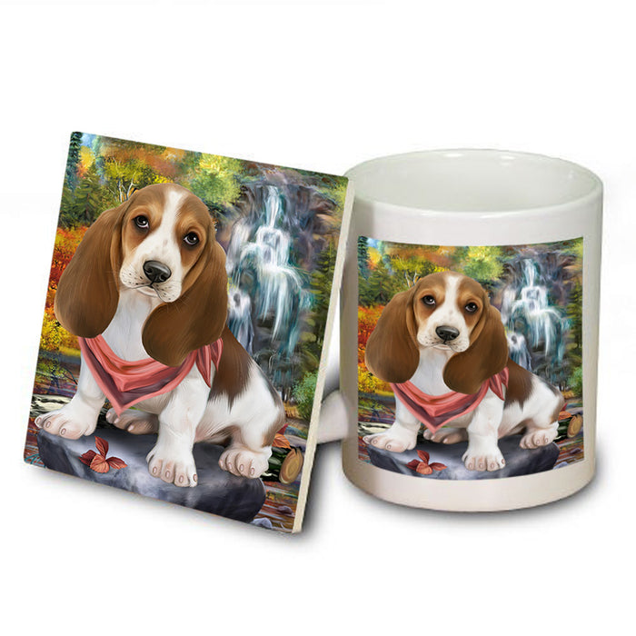 Scenic Waterfall Basset Hound Dog Mug and Coaster Set MUC51807