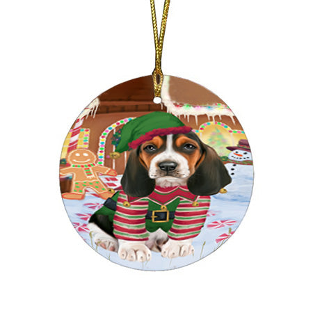 Christmas Gingerbread House Candyfest Basset Hound Dog Round Flat Christmas Ornament RFPOR56520