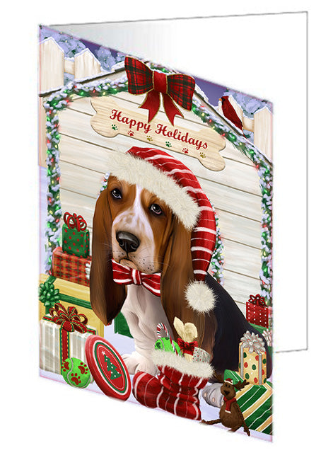 Happy Holidays Christmas Basset Hound Dog House with Presents Handmade Artwork Assorted Pets Greeting Cards and Note Cards with Envelopes for All Occasions and Holiday Seasons GCD57998