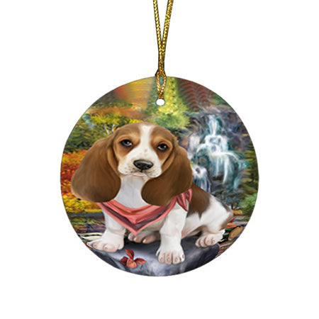 Scenic Waterfall Basset Hound Dog Round Flat Christmas Ornament RFPOR51806