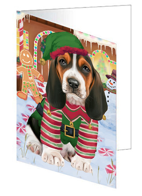 Christmas Gingerbread House Candyfest Basset Hound Dog Handmade Artwork Assorted Pets Greeting Cards and Note Cards with Envelopes for All Occasions and Holiday Seasons GCD73007