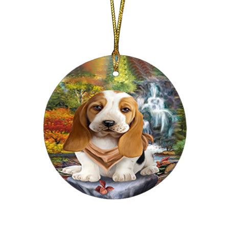 Scenic Waterfall Basset Hound Dog Round Flat Christmas Ornament RFPOR51807