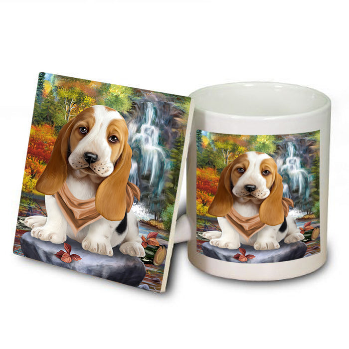 Scenic Waterfall Basset Hound Dog Mug and Coaster Set MUC51808