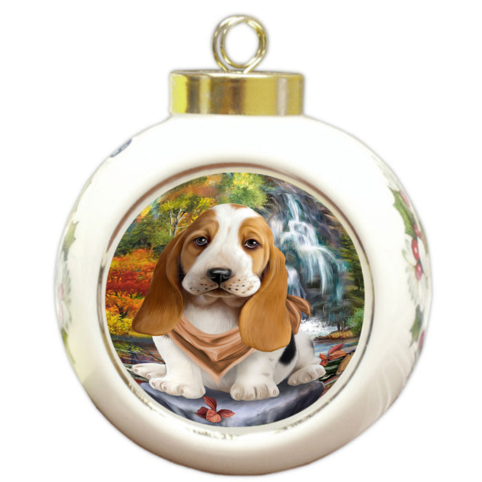 Scenic Waterfall Basset Hound Dog Round Ball Christmas Ornament RBPOR51816