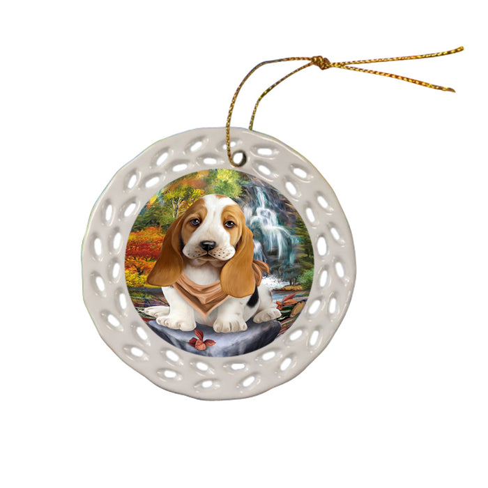 Scenic Waterfall Basset Hound Dog Ceramic Doily Ornament DPOR51816