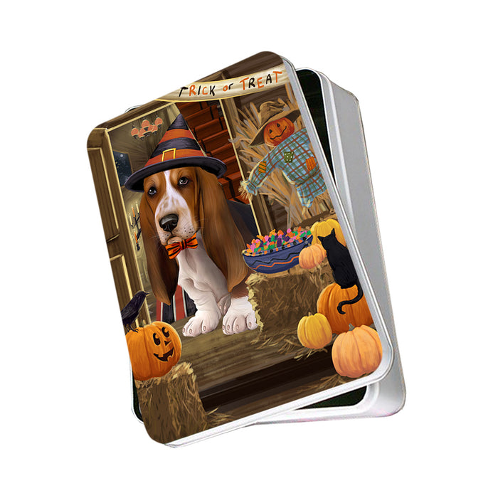 Enter at Own Risk Trick or Treat Halloween Basset Hound Dog Photo Storage Tin PITN52978