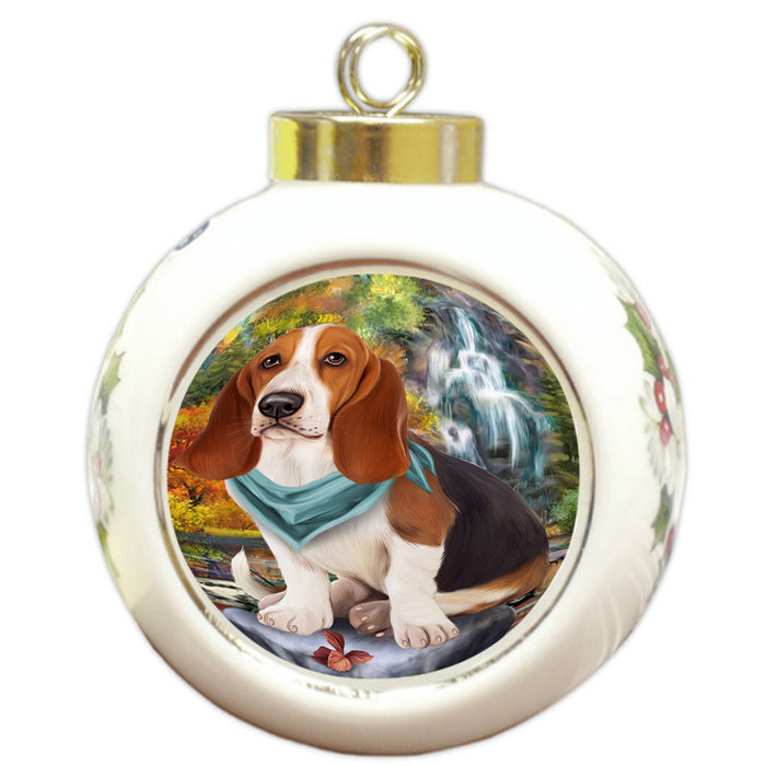 Scenic Waterfall Basset Hound Dog Round Ball Christmas Ornament RBPOR51817