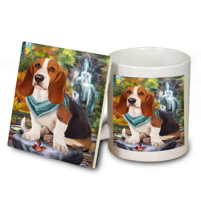 Scenic Waterfall Basset Hound Dog Mug and Coaster Set MUC51809