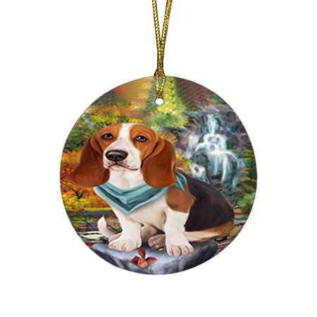 Scenic Waterfall Basset Hound Dog Round Flat Christmas Ornament RFPOR51808