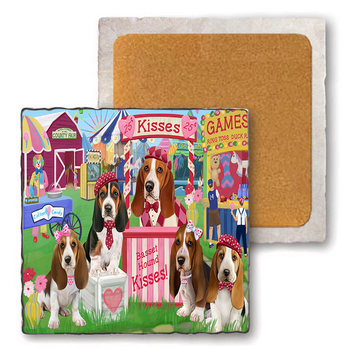 Carnival Kissing Booth Basset Hounds Dog Set of 4 Natural Stone Marble Tile Coasters MCST50779