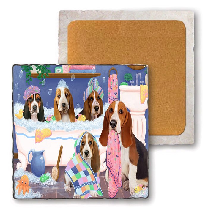 Rub A Dub Dogs In A Tub Basset Hounds Dog Set of 4 Natural Stone Marble Tile Coasters MCST51759