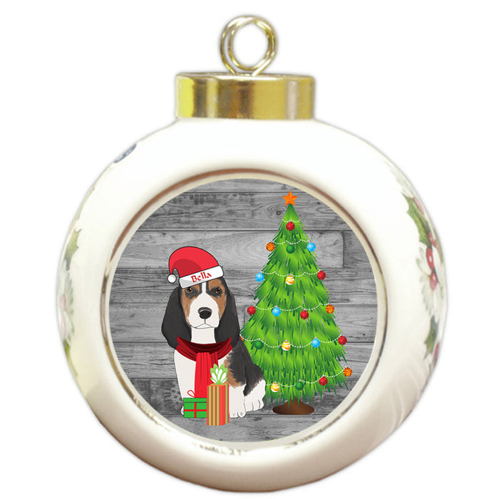 Custom Personalized Basset Hound Dog With Tree and Presents Christmas Round Ball Ornament
