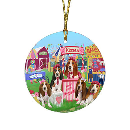 Carnival Kissing Booth Basset Hounds Dog Round Flat Christmas Ornament RFPOR56135