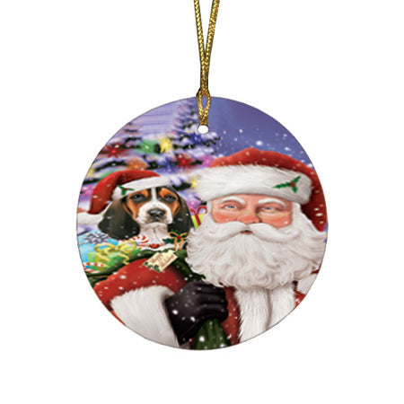 Santa Carrying Basset Hound Dog and Christmas Presents Round Flat Christmas Ornament RFPOR53951