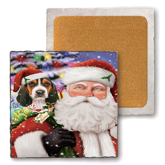 Santa Carrying Basset Hound Dog and Christmas Presents Set of 4 Natural Stone Marble Tile Coasters MCST48960