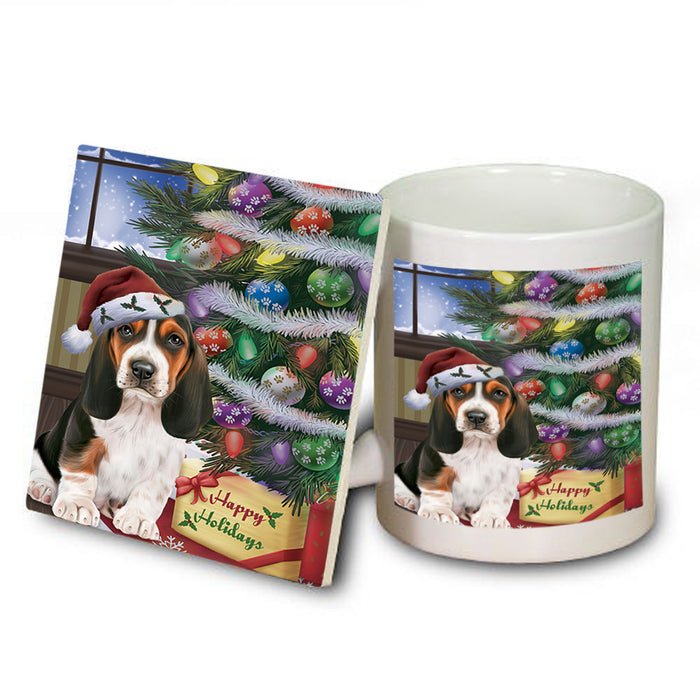Christmas Happy Holidays Basset Hound Dog with Tree and Presents Mug and Coaster Set MUC53793