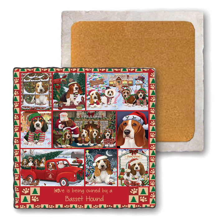 Love is Being Owned Christmas Basset Hound Dogs Set of 4 Natural Stone Marble Tile Coasters MCST52195
