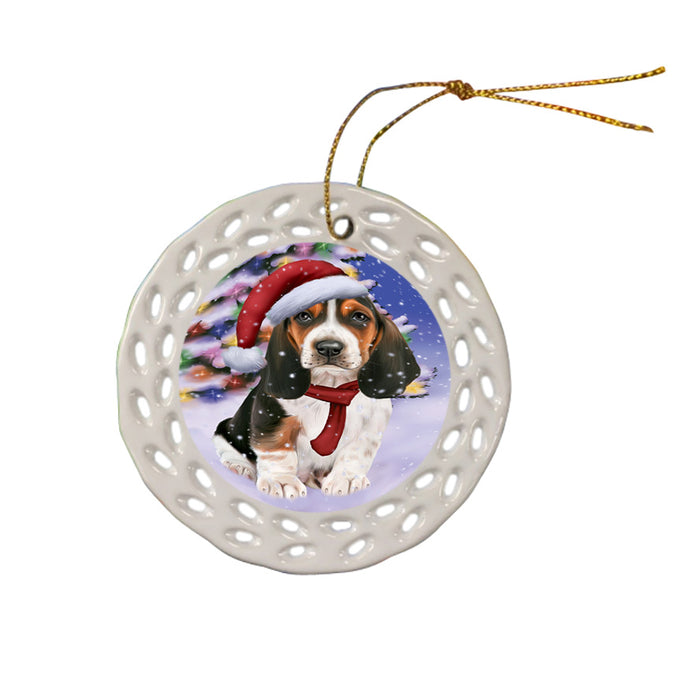 Winterland Wonderland Basset Hound Dog In Christmas Holiday Scenic Background  Ceramic Doily Ornament DPOR53362